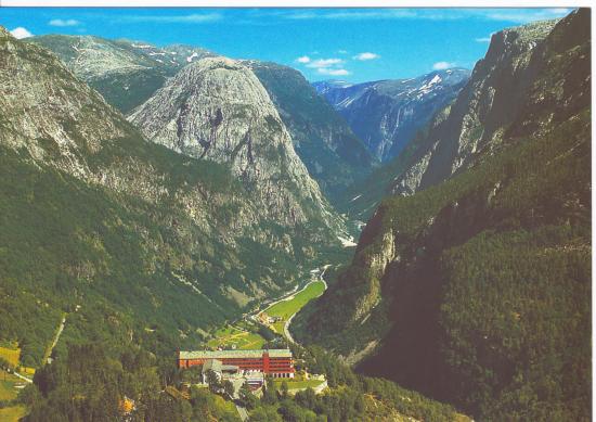 Naeroy valley with Stalheim Hotel in the foreground, Voss-Gudvangen